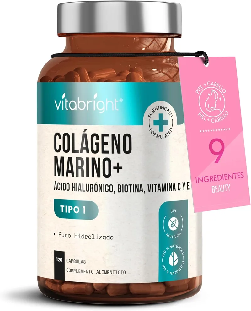 VitaBright ▫️ Colagénio Hidrolisado de Alta Dosagem 2450 mg | Cápsulas de Colagénio Marinho com Ácido Hialurónico | Colagénio Hidrolisado com Vitaminas C, E, B2 e Zinco | Colagénio para Articulações, Pele e Cabelo |