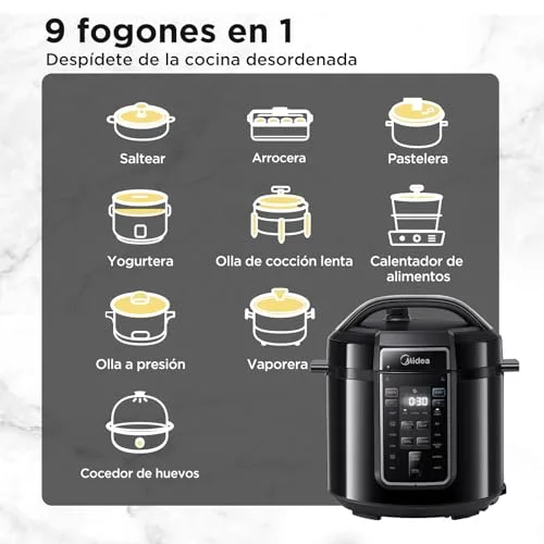 Midea ▫️ Panela Elétrica 9 em 1, 12 predefinições instantâneas, antiaderente, panela de arroz, cozedura lenta, vaporizador em aço inoxidável, 6 quartos 3