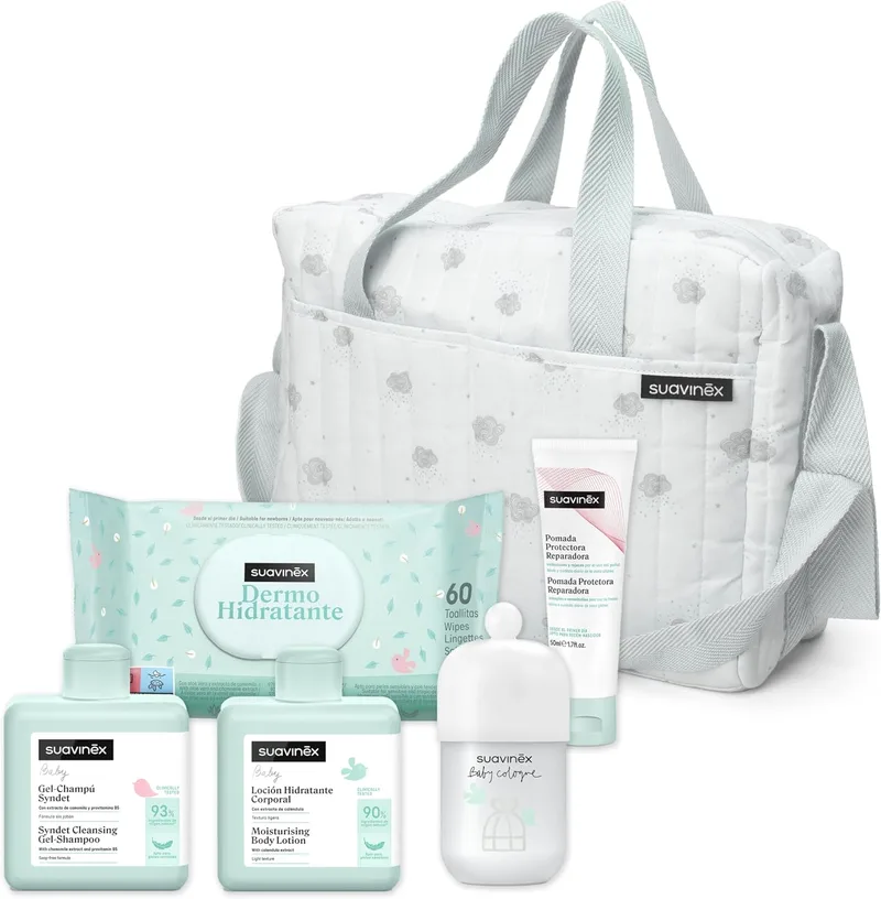 SUAVINEX ▫️ Saco de bebé com cosméticos: Gel champô Syndet 300 ml + Loção hidratante 300 ml + Pomada para fraldas 50 ml + Colónia para bebé 100 ml + Toalhetes 60 pcs. Presente ideal para recém-nascidos, azul