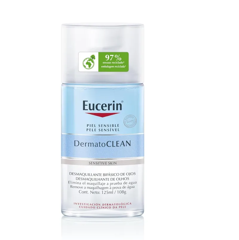 Eucerin DermatoCLEAN Desmaquilhante Micelar para os Olhos (125 ml), desmaquilhante de rosto resistente à água, não oleoso, bifásico, fórmula sem resíduos, cuidado de rosto feminino para peles sensíveis.
