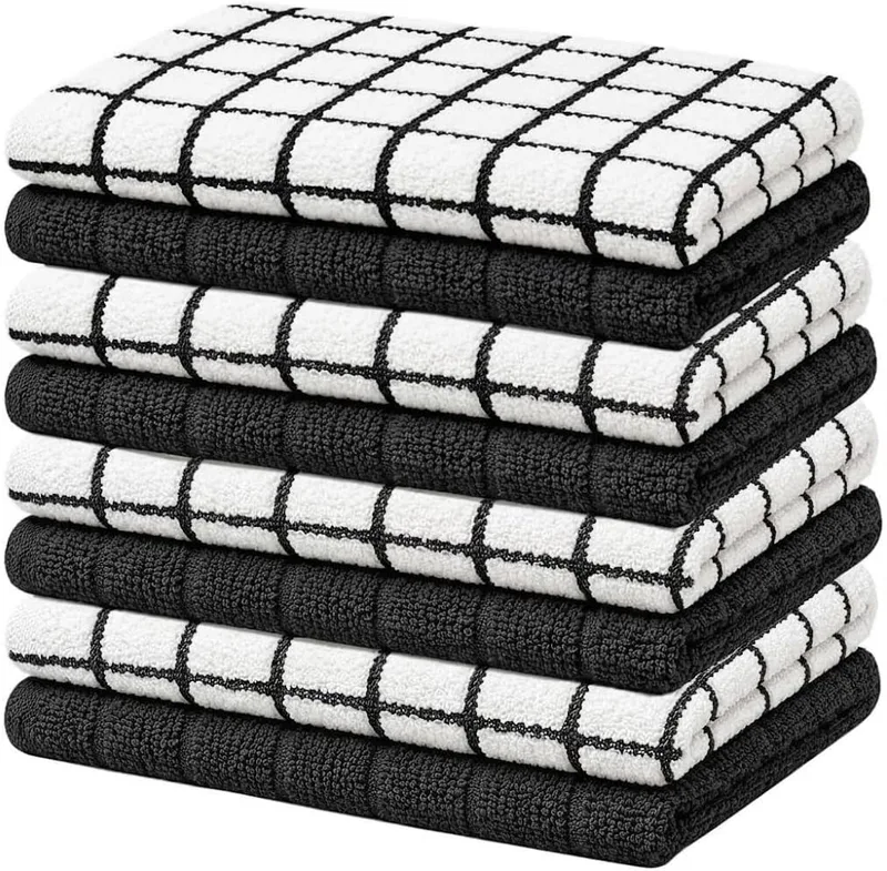 Bumble Towels ▫️ 8 panos de cozinha, pretos, 4 caixas pequenas com padrões e 4 lisas, 1 libra/dúzia, 12 polegadas x 12 polegadas (preto)