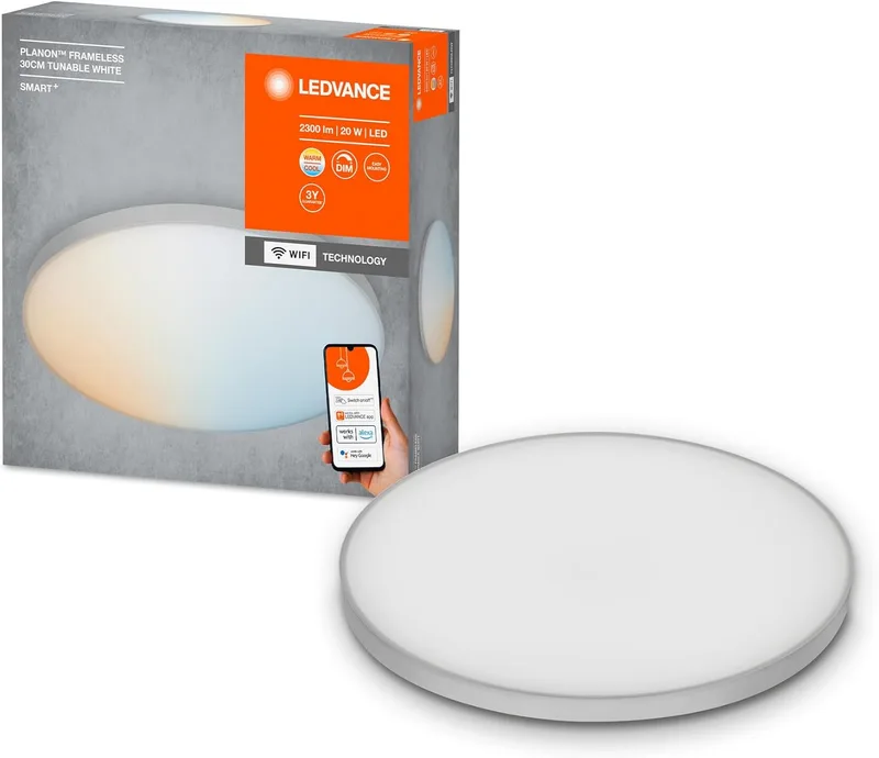 LEDVANCE ▫️ Luminária de teto LED inteligente, painel interior com tecnologia Wi-Fi, cor da luz variável (3000 K-6500 K), 300 mm de diâmetro, compatível com o Google e o controlo por voz Alexa, SMART+ WIFI PLANON FRAMELESS
