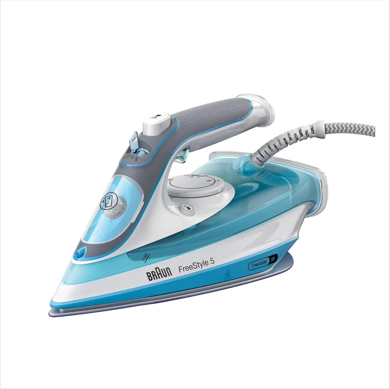Braun ▫️ Household FreeStyle 5 SI 5006 BL – Ferro de engomar com sola FreeGlide 3D, vertical, 2600 W, jato de vapor de 180 g/min, depósito de água de 300 ml, cor azul