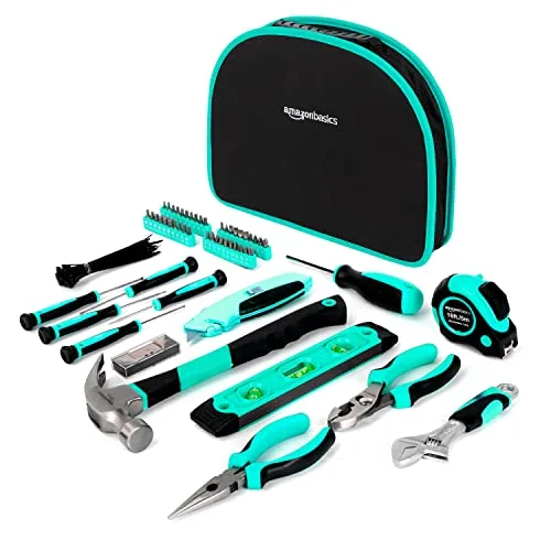 Amazon Basics ▫️ Conjunto de ferramentas com bolsa redonda de fácil transporte, 104 peças, azul turquesa, 36,5 x 29 x 7,6 cm 2