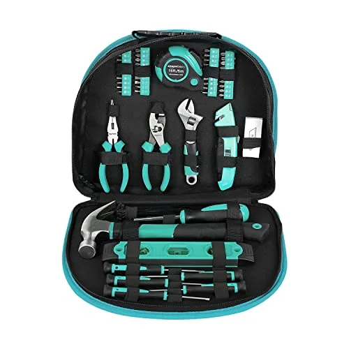 Amazon Basics ▫️ Conjunto de ferramentas com bolsa redonda de fácil transporte, 104 peças, azul turquesa, 36,5 x 29 x 7,6 cm 4