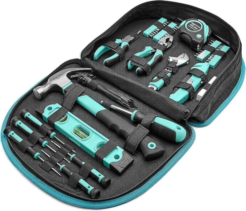 Amazon Basics ▫️ Conjunto de ferramentas com bolsa redonda de fácil transporte, 104 peças, azul turquesa, 36,5 x 29 x 7,6 cm