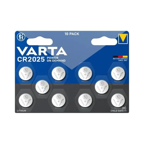 Varta ▫️ Pilhas de botão CR2025, embalagem de 10 unidades, Power on Demand, lítio, 3 V, embalagem à prova de crianças, para dispositivos Smart Home e chaves de carro 2