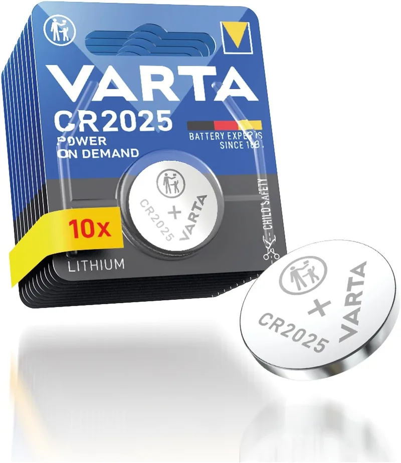 Varta ▫️ Pilhas de botão CR2025, embalagem de 10 unidades, Power on Demand, lítio, 3 V, embalagem à prova de crianças, para dispositivos Smart Home e chaves de carro
