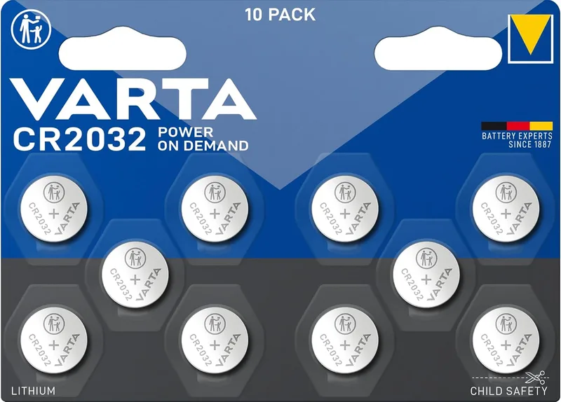 Varta ▫️ Pilhas de botão CR2032, embalagem de 10 unidades, Power on Demand, lítio, 3 V, embalagem à prova de crianças, para dispositivos Smart Home e chaves de carro