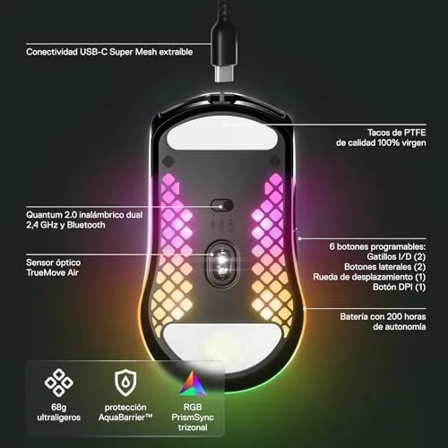 SteelSeries ▫️ Aerox 3 Wireless Onyx - Rato sem fios para jogos - Design ultraleve e resistente à água - RGB - Sensor ótico TrueMove Air de 18K DPI 4