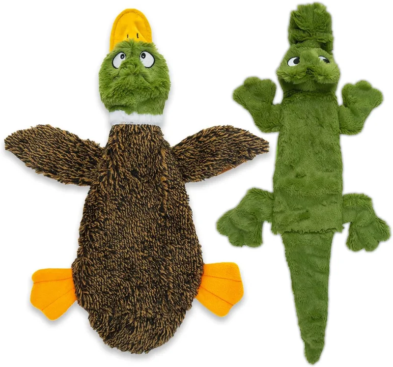 Best Pet Supplies ▫️ Brinquedos que fazem barulho 2 em 1 para cães, com tecido macio e resistente, para animais de estimação pequenos, médios e grandes, sem enchimento, para brincar em espaços interiores, em forma de pato e crocodilo, tamanho M