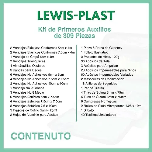 Lewis-Plast ▫️ Kit Completo de Primeiros Socorros com 309 peças para primeiros socorros ao ar livre - Kit em conformidade com as normas europeias para ambientes interiores e atividades ao ar livre 5