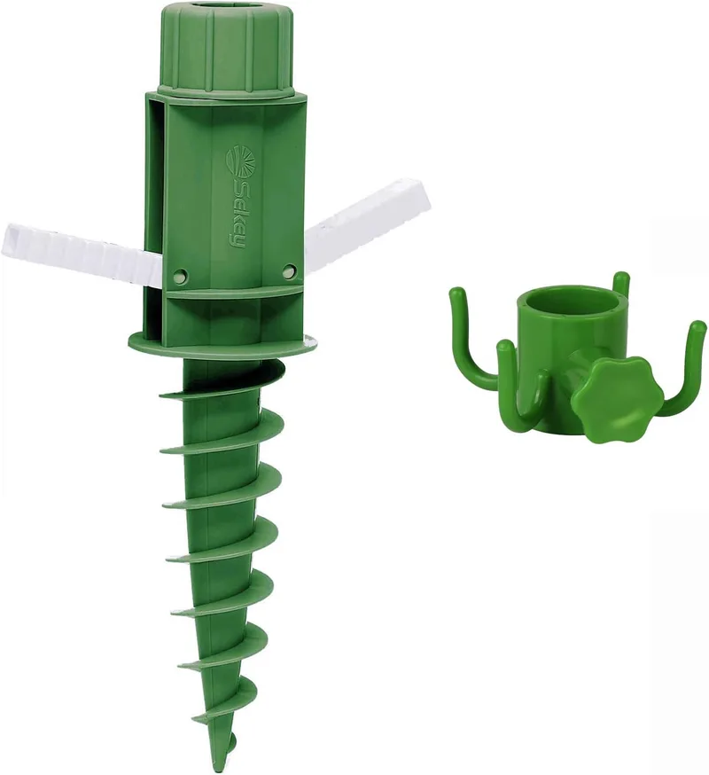 Sekey ▫️ Base para Guarda-sol – Suporte para guarda-sol de praia com cabo dobrável, gancho e rosca giratória, suporte para guarda-sol para hastes de 22-32 mm, para areia e terra, verde