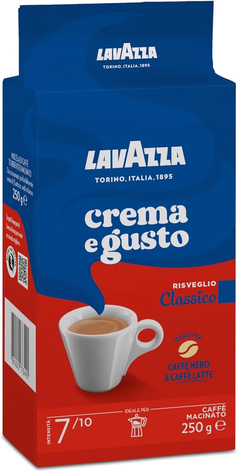 Lavazza ▫️ Crema e Gusto Classico, café moído natural, ideal para máquinas de café italianas, de filtro e francesas, com notas aromáticas de especiarias, Arábica e Robusta, intensidade 7, torrado escuro, 250 g