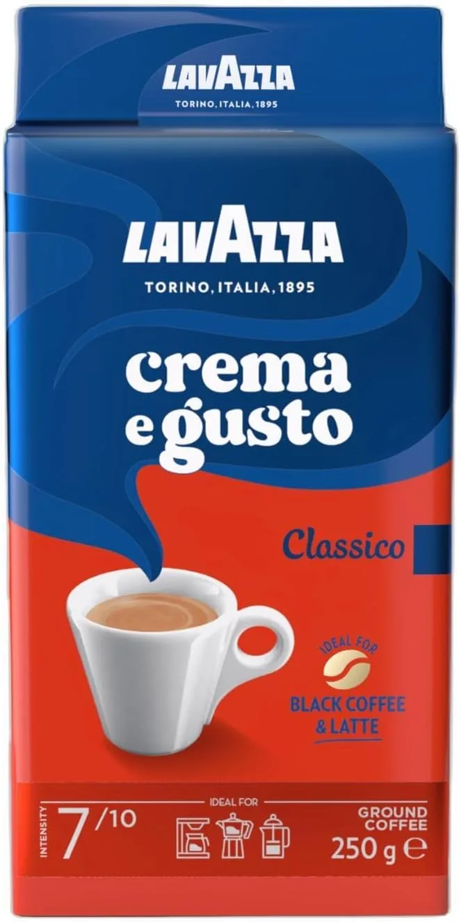 Lavazza ▫️ Crema e Gusto Classico, Café Moído Natural, Ideal para máquinas de café italianas, de filtro e francesas, com notas aromáticas de especiarias, Arábica e Robusta, Intensidade 7, Torra Escura, 250 g