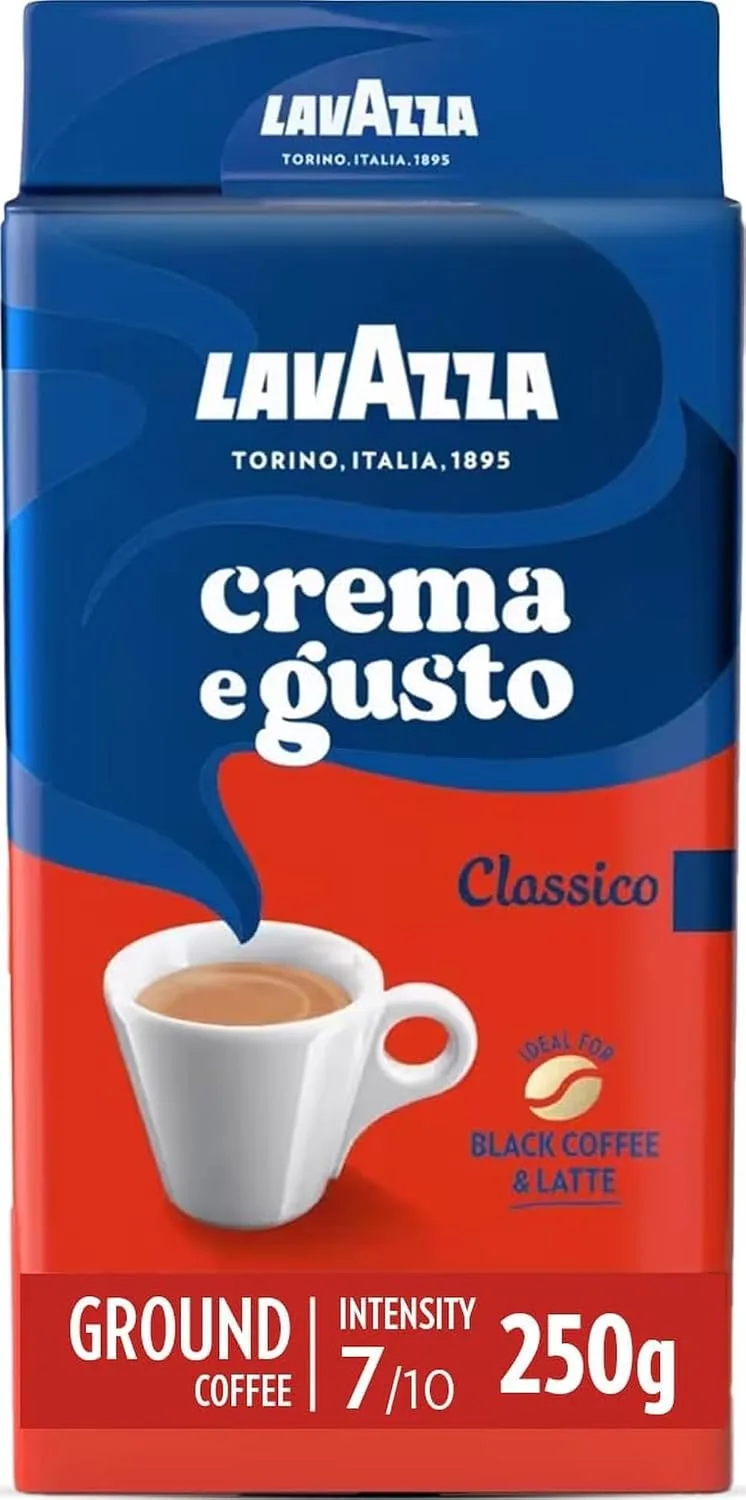 Lavazza ▫️ Crema e Gusto Classico, Café Moído Natural, Ideal para máquinas de café italianas, de filtro e francesas, com notas aromáticas de especiarias, Arábica e Robusta, Intensidade 7, Torra Escura, 250 g