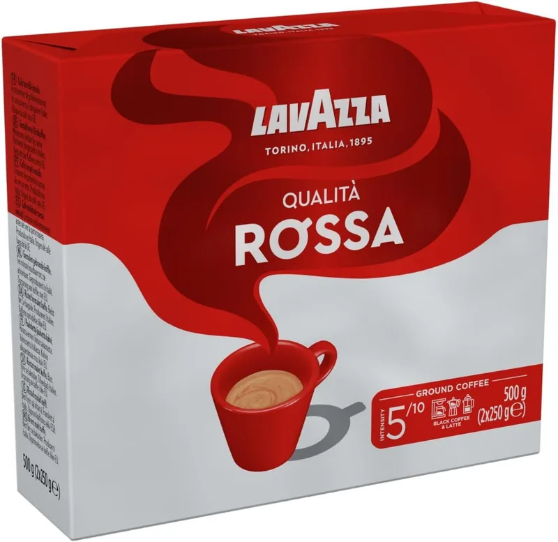 Lavazza ▫️ Qualità Rossa, Café moído natural, 2 pacotes de 250 g, ideal para máquinas de café italiano, de filtro e francês, com notas aromáticas de chocolate, arábica e robusta, intensidade 5, torrefação média