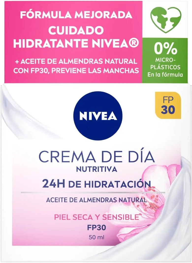 NIVEA ▫️ Creme de Dia Nutritivo - Creme Facial Hidratante - Hidrata e Previne as Manchas - Proteção Solar FPS 30 - Óleo de Amêndoa e Extrato Natural de Magnólia - Pele Seca e Sensível - 50 ml