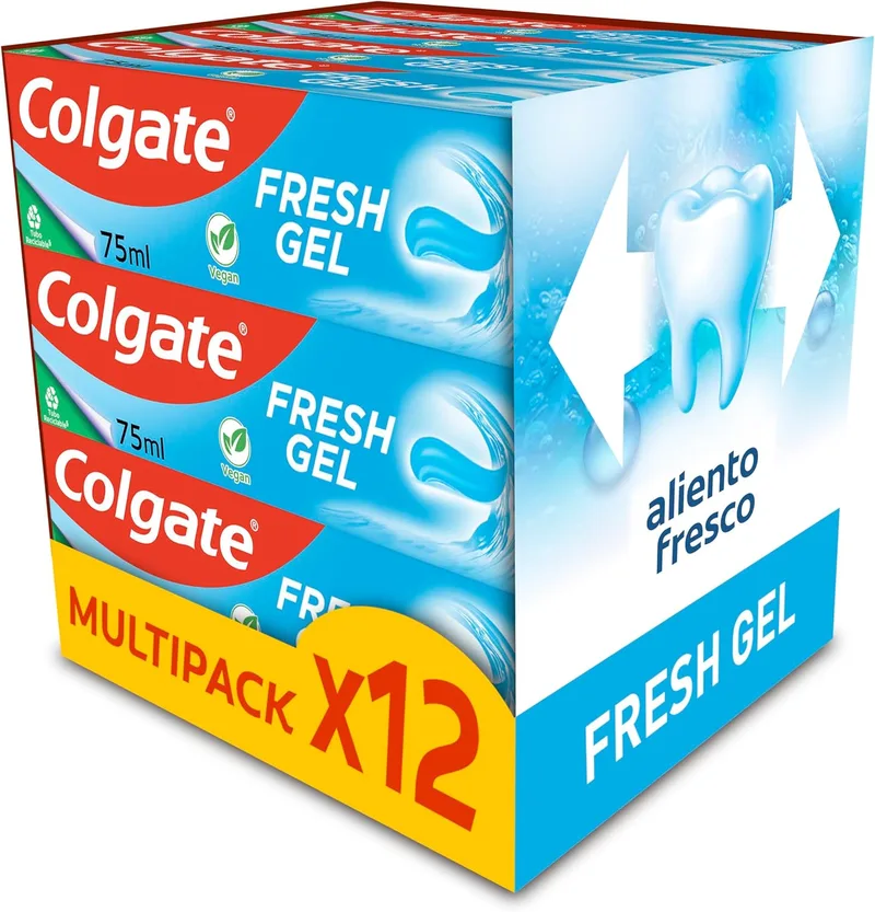 Colgate ▫️ Fresh Gel Pasta de Dentes com Flúor, 12 Embalagens x 75 ml, Pasta de Dentes com Proteção Anti-Cáries, Esmalte Forte e Saudável, Hálito Fresco, Uso Diário, Sabor a Menta Refrescante