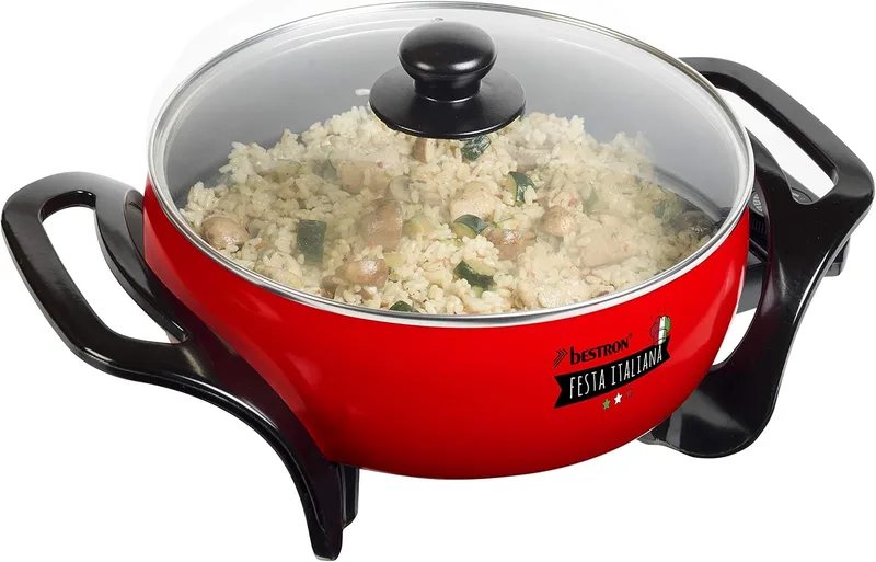 Bestron ▫️ Frigideira Multifunções XL com tampa de vidro italiano antiaderente 1500 W, cor vermelha e preta