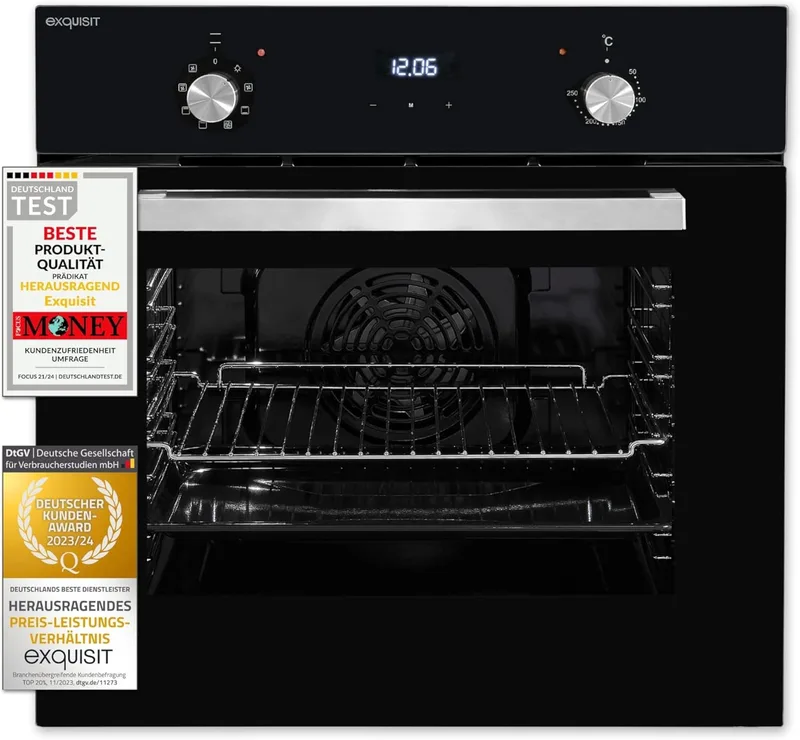 Exquisit ▫️ Forno Multifunções Total ®, 58L, Classe A, Preto, Aço inoxidável anti-impressão digital, Ecrã digital, 8 funções, Descongelação, Luz interna, Tabuleiro de cozinha, Medidas 59,5x59,5x57,5 Cm.
