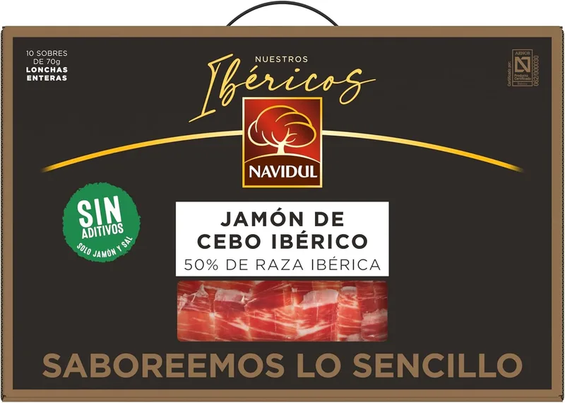 Navidul ▫️ Conjunto de presunto ibérico de cebo (50% raça ibérica) Freshpack, embalado a vácuo - 10 x 70 g
