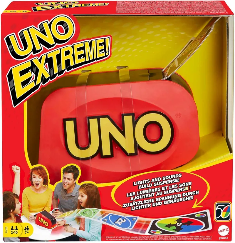 Mattel Games ▫️ UNO Extreme - Jogo de cartas para toda a família com lançador - com luzes e sons - 112 cartas - Para 2 a 10 jogadores - Presente para crianças a partir dos 7 anos e adultos, GXY75