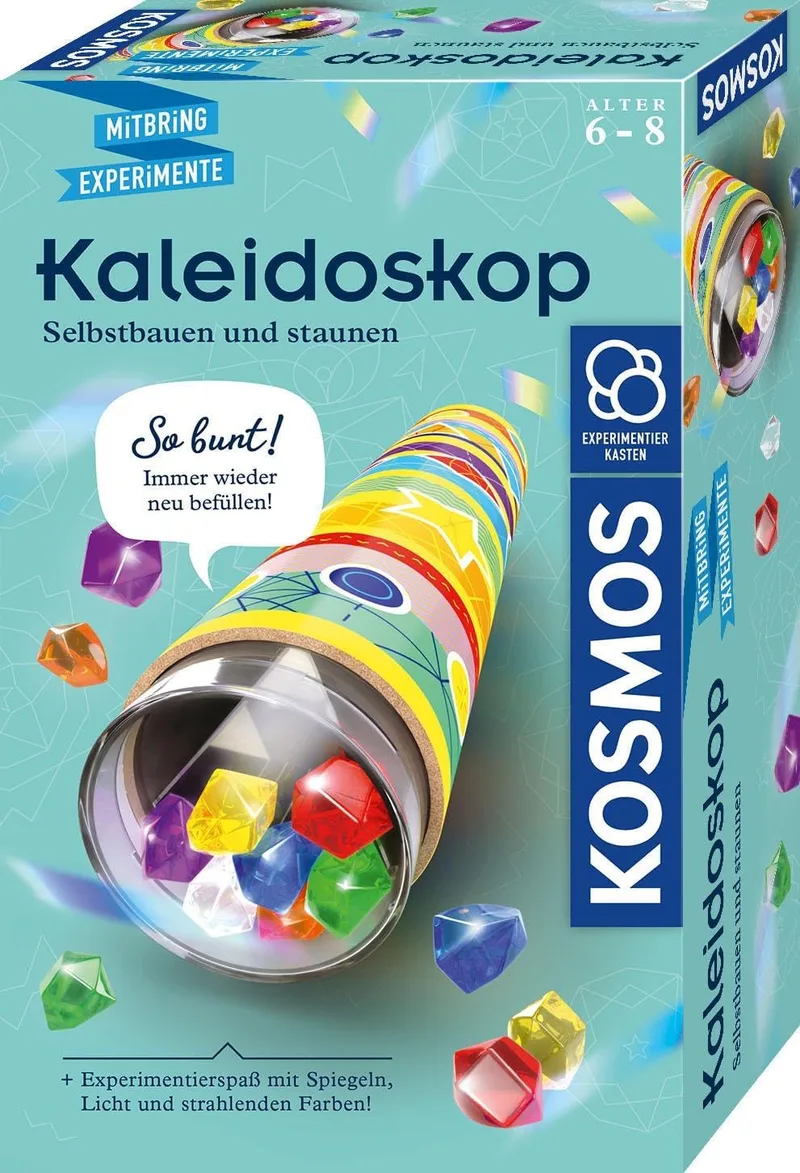 Kosmos ▫️ 657987 Caleidoscópio, construção própria e admiração, Kit de experiências e trabalhos manuais com espelhos, cores claras e brilhantes, recarregável, experiência de introdução à óptica, para crianças a partir de
