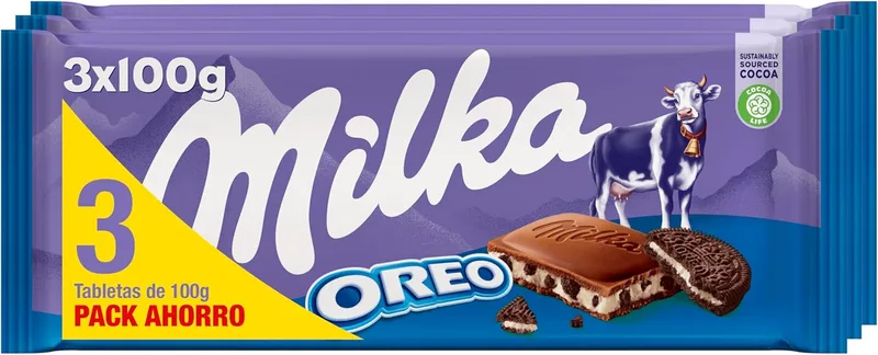 Milka ▫️ Oreo, Barra de Chocolate de Leite Alpino com Pedaços de Bolacha Oreo, Embalagem Família 3 Tabletes, 100g