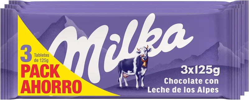 Milka ▫️ Tableta de Chocolate de Leite, Embalagem Familiar com 3 Tabletas, 125 g