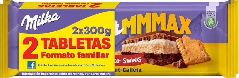 Milka ▫️ MMMAX Choco Swing Tablete grande de chocolate de leite alpino com bolacha, recheio de creme de leite e recheio de creme de cacau, formato familiar 2 x 300 g