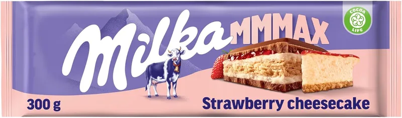 Milka ▫️ MMMAX Tablete Grande de Chocolate de Leite Alpino com Recheio de Cheesecake com Bolacha e Morango, 300g