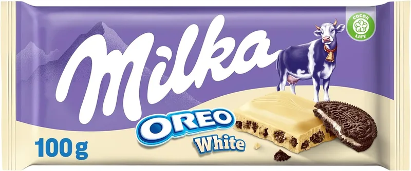 Milka ▫️ Oreo Barra de pedaços de chocolate branco com bolacha Oreo e recheio de baunilha, 100g