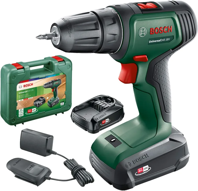 Bosch ▫️ Berbequim/aparafusadora a bateria UniversalDrill 18 V (2 baterias, sistema de 18 V, em mala de transporte)