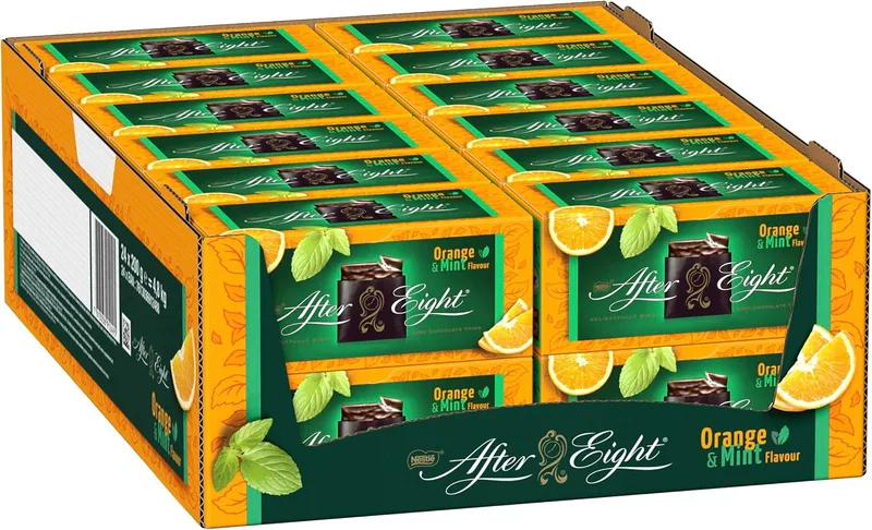 After Eight ▫️ Nestlé Flocos de Chocolate Preto com Menta e Laranja 200g - Embalagem de 24