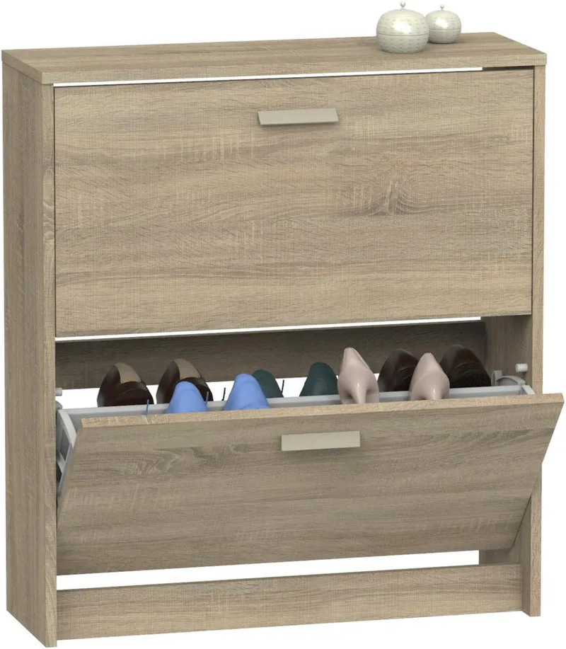 MUEBLES PITARCH ▫️ Sapateira para a entrada, móvel auxiliar estreito com 2 portas, em carvalho Cambrian, capacidade para 12 pares de sapatos, 82 x 74 x 25 cm, Coleção Tibet