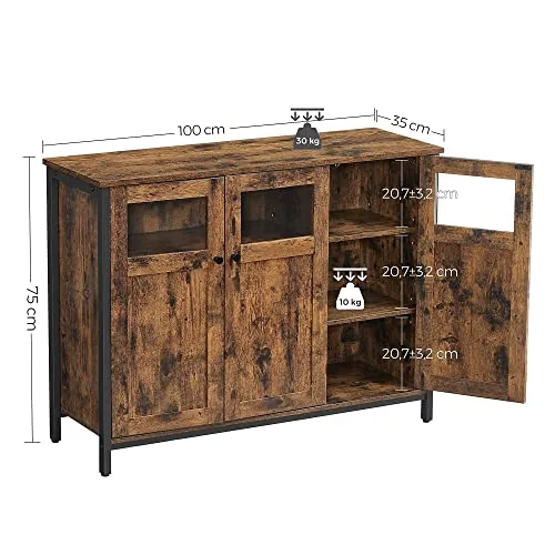 VASAGLE ▫️ Armário de arrumação, aparador com portas de vidro, para sala de jantar, sala de estar, cozinha, estilo industrial, castanho rústico e preto a tinta LSC099B01 3