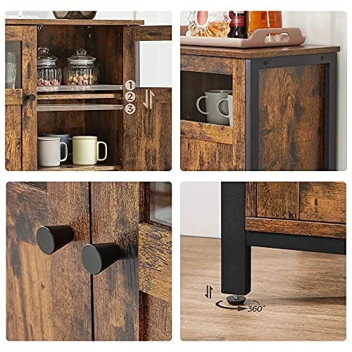 VASAGLE ▫️ Armário de arrumação, aparador com portas de vidro, para sala de jantar, sala de estar, cozinha, estilo industrial, castanho rústico e preto a tinta LSC099B01 5