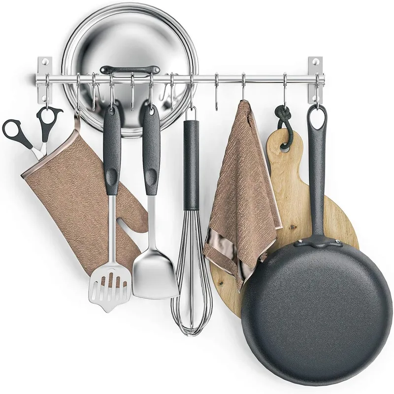 Lesfit ▫️ Porta Utensílios da Cucina em Acciaio Inox com 12 Ganci, Barra Portautensili Cucina Porta Coltelli Cucina Niente Fori Necessari per Bagno Gadget, Padelle, Tazze (Argento)