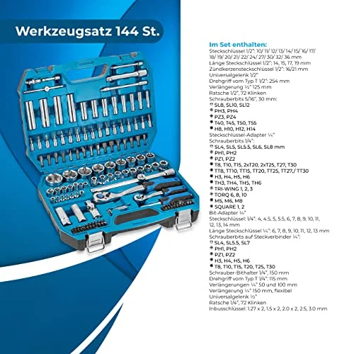 Högert Technik ▫️ Caixa de ferramentas, Conjunto de ferramentas, Maleta de ferramentas, Chaves de soquete, Pontas e acessórios de 1/4” e 1/2”, Aço Cr-V - HT1R440, 144 peças 2
