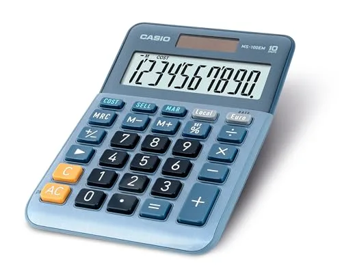 Casio ▫️ MS-100EM - Calculadora de secretária com ecrã extragrande de 10 dígitos, alimentada a energia solar/bateria, com cálculos avançados de percentagem, conversão de moeda para euros, azul 2