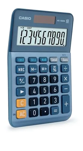 Casio ▫️ MS-100EM - Calculadora de secretária com ecrã extragrande de 10 dígitos, alimentada a energia solar/bateria, com cálculos avançados de percentagem, conversão de moeda para euros, azul 3