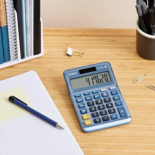 Casio ▫️ MS-100EM - Calculadora de secretária com ecrã extragrande de 10 dígitos, alimentada a energia solar/bateria, com cálculos avançados de percentagem, conversão de moeda para euros, azul 4