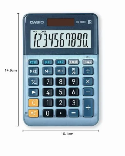 Casio ▫️ MS-100EM - Calculadora de secretária com ecrã extragrande de 10 dígitos, alimentada a energia solar/bateria, com cálculos avançados de percentagem, conversão de moeda para euros, azul 5