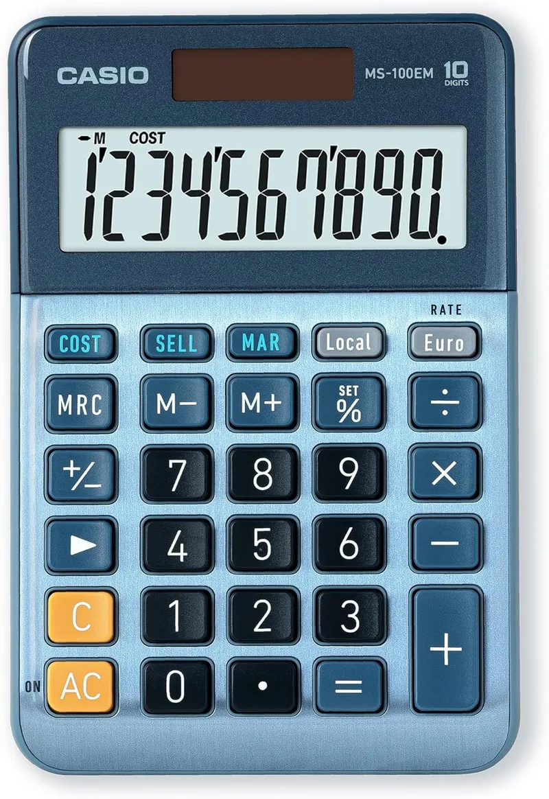 Casio ▫️ MS-100EM - Calculadora de secretária com visor extra-grande de 10 dígitos, alimentada a energia solar/bateria, com cálculo avançado de percentagens, conversão de moeda Euro, azul