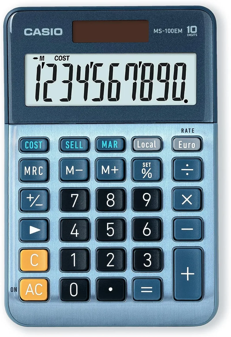 Casio ▫️ MS-100EM - Calculadora de secretária com ecrã extragrande de 10 dígitos, alimentada a energia solar/bateria, com cálculos avançados de percentagem, conversão de moeda para euros, azul