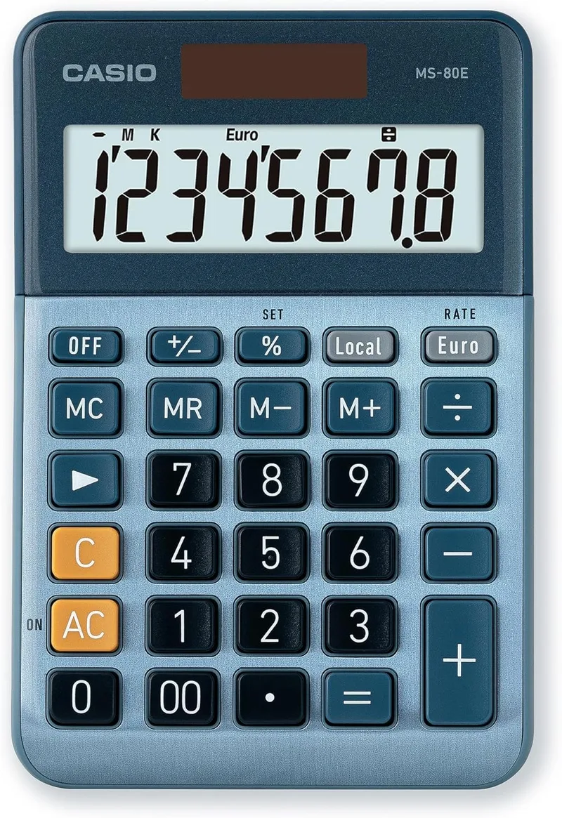 Casio ▫️ MS-80E - Calculadora de secretária com ecrã extragrande de 8 dígitos, alimentada a energia solar/pilha, com cálculos avançados de percentagem, conversão de moeda para euros, azul