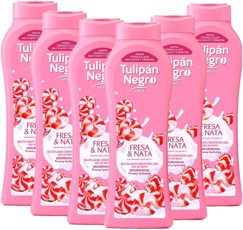 TULIPAN NEGRO ▫️ Tulipán Negro Gel de Banho de Morango e Natas, 650 ml, Embalagem de 6