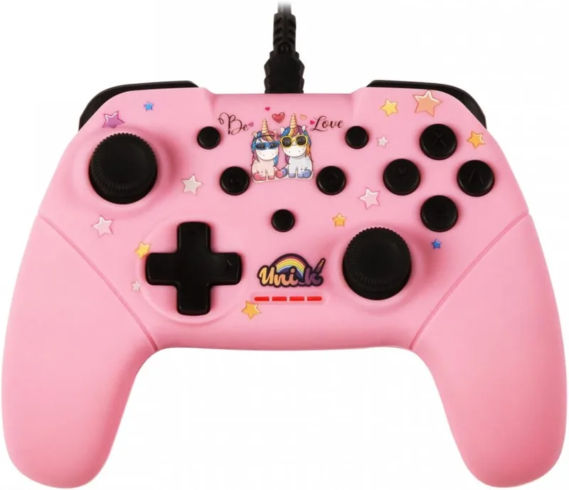 Konix ▫️ Unik Comando com fio para Nintendo Switch, Switch 2 e PC - Cabo de 3 m - Design «Be Love», unicórnios - Rosa