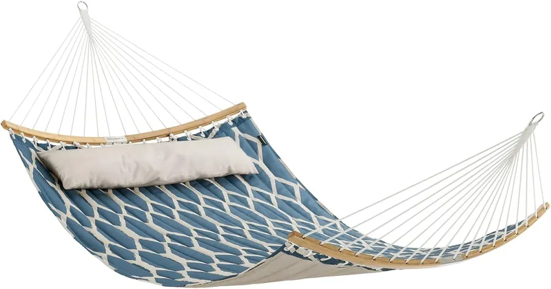 SONGMICS ▫️ Rede de dormir, rede de dormir com barras curvas amovíveis de bambu, almofada, 200 x 140 cm, carga 225 kg, azul e bege Rhombus GDC034I02